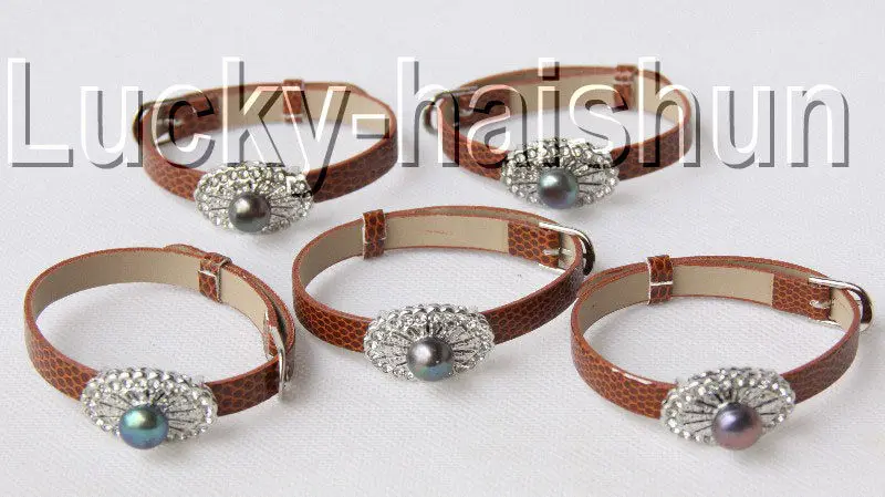 

Wholesale price 16new ^^^^^^^5 piece adjustable ellipse coffee leather white pearls bracelet j9014A12F16