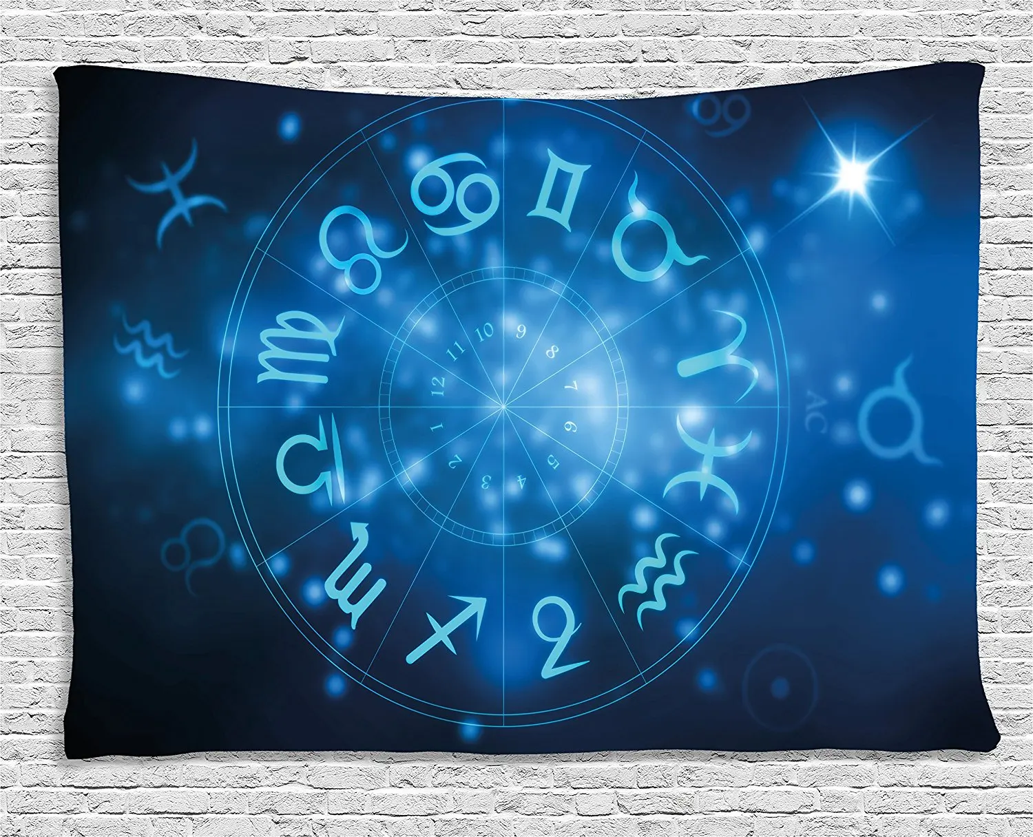 

Astrology Tapestry Abstract Horoscope Wheel with Signs Aquarius Lion Taurus Libra, Wall Hanging for Bedroom Navy