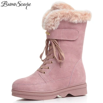 

BuonoScarpe Lady Elegant Rbbit Fur Winter Snow Boots Suede Leather Cross Tied Short Boots Warm Platform Heels Snow Boots Winter