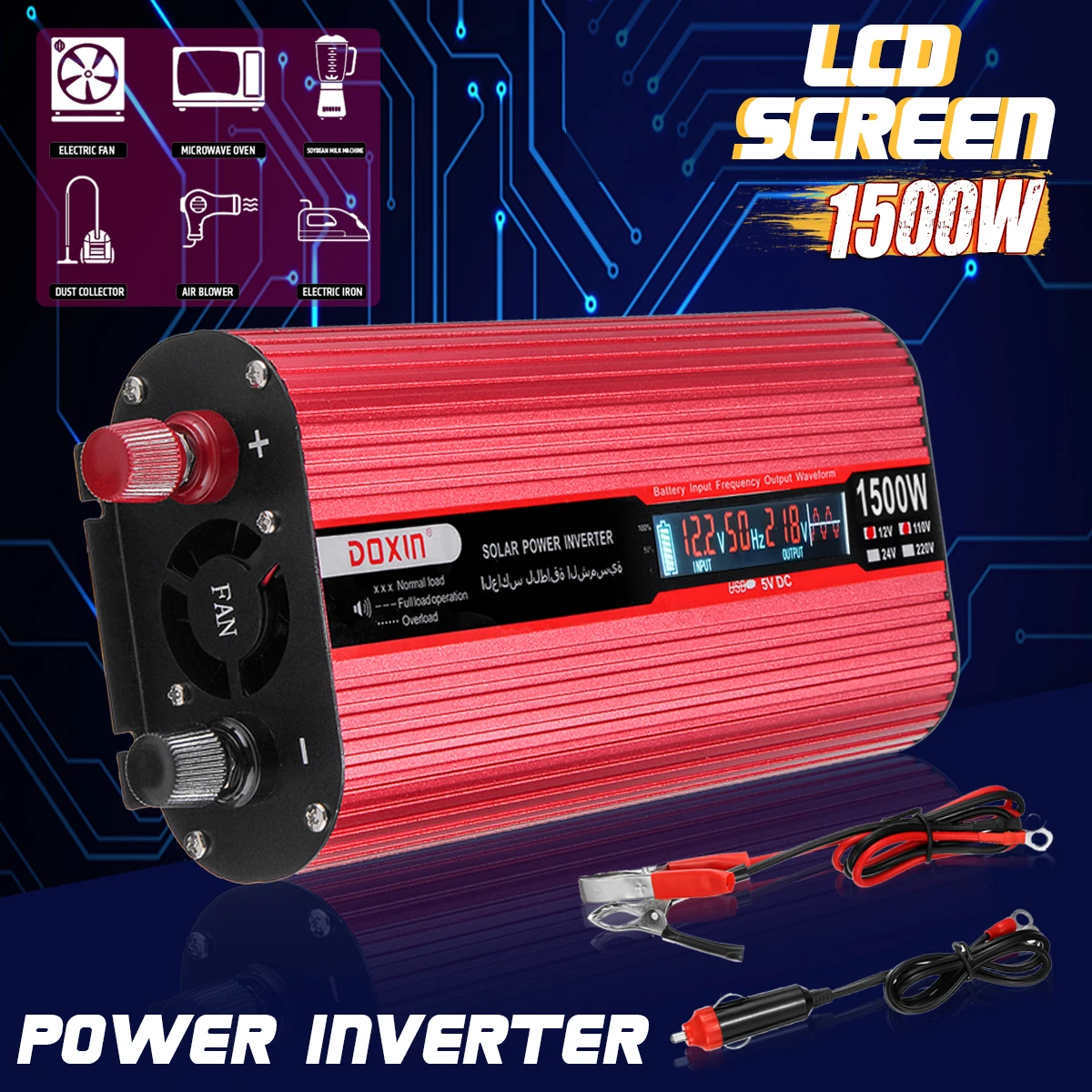

KROAK Car Inverter 12V 220V 1500W Power Inverter Modified Sine Wave Voltage Converter Transformer 24/12V 110/220V + LCD Display