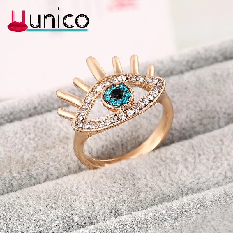 

UUNICO 2019 Elegant Blue Evil Eye Cubic Zirconia Ring Female Girl Jewelry Gold Zircon Ring Bague Jewelry
