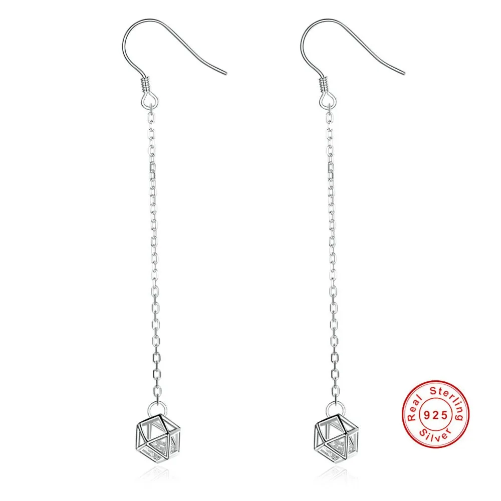

jhiqui Women Hollowed Rhombus Zircon Long Drop Earrings Real 925 Sterling Silver Earrings Fine Jewelry