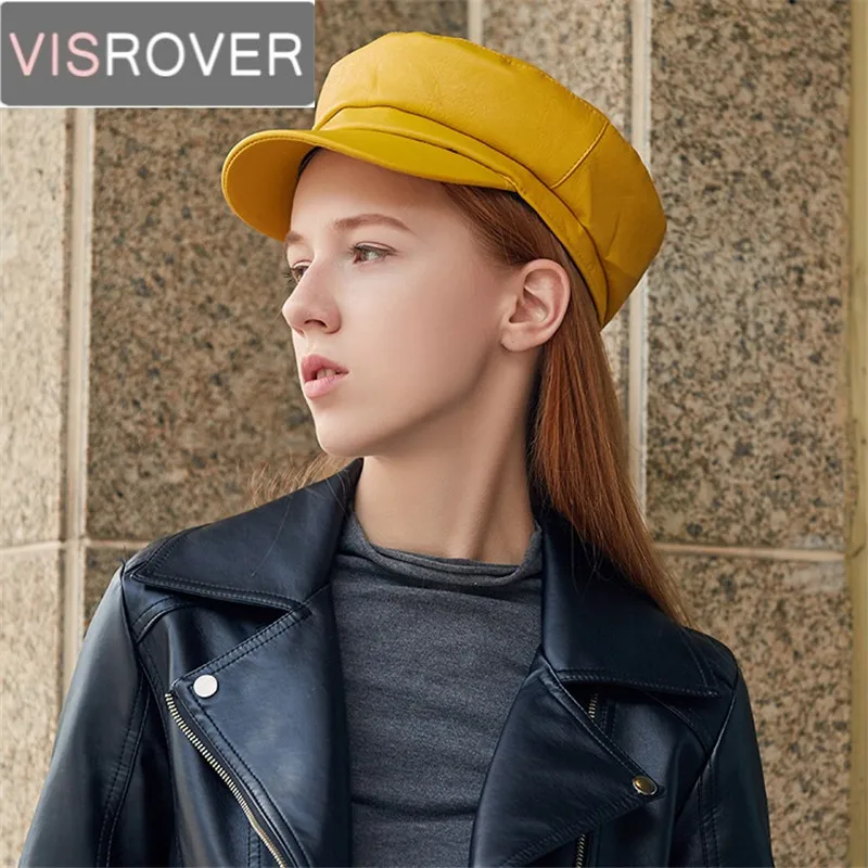 VISROVER Новый осень зима твердые PU военные Шапки для женская шляпа Искусственная