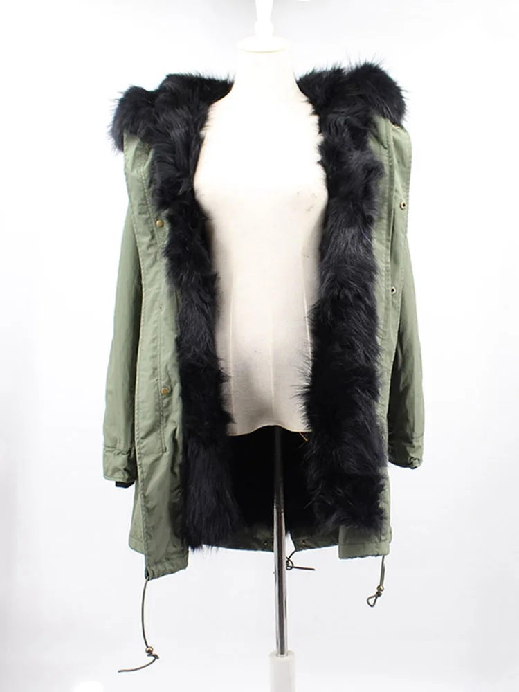 Женские парки из натурального меха енота, черные меховые пальто армейского зеленого цвета, плотное Женское зимнее пальто и куртка с меховым капюшоном и воротником - Цвет: army green black fur