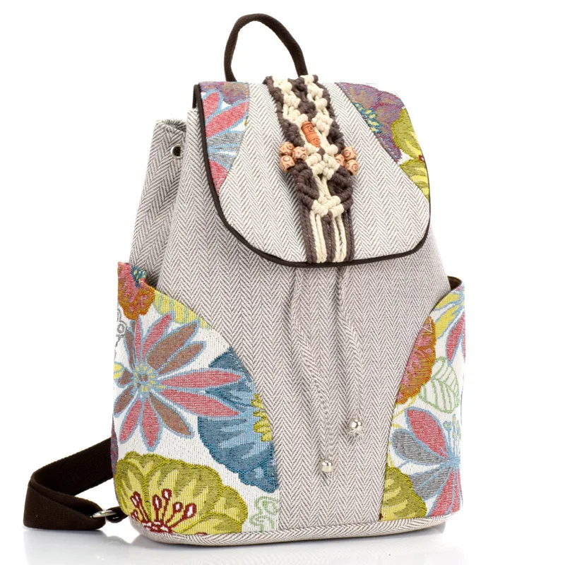

Female Vintage Flowers Backpack Chinese National style Women Handmade Travel Backpack Teenager Girls Fashion Canvas School bag