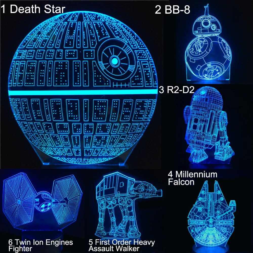 Starwars мультфильм 3D Светодиодная лампа настольная ночник Звезда смерти BB8 R2D2 креативный подарок Украшения в спальню Сокол Тысячелетия кино