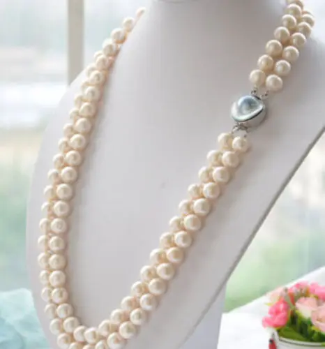

Free shipping hot sale Women Bridal Wedding Jewelry >>New 2 Rows 10-11mm white south sea round Pearl necklace mabe Clasp 18-19