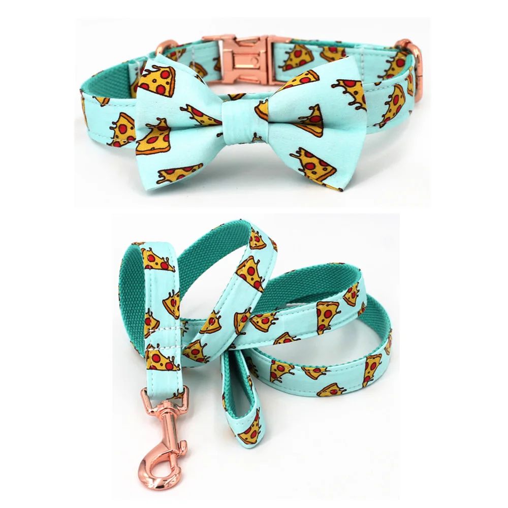 Comprar Popular patrón de Pizza cuello de perro y correa con pajarita para perros grandes y pequeños cuello de tela de algodón hebilla de metal de oro rosa