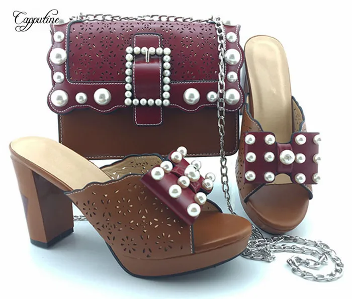 

Wonderful brown with wine design slip-on high heel shoes and handbag set with pearl nice matchin for dres YM008 heel height 10cm