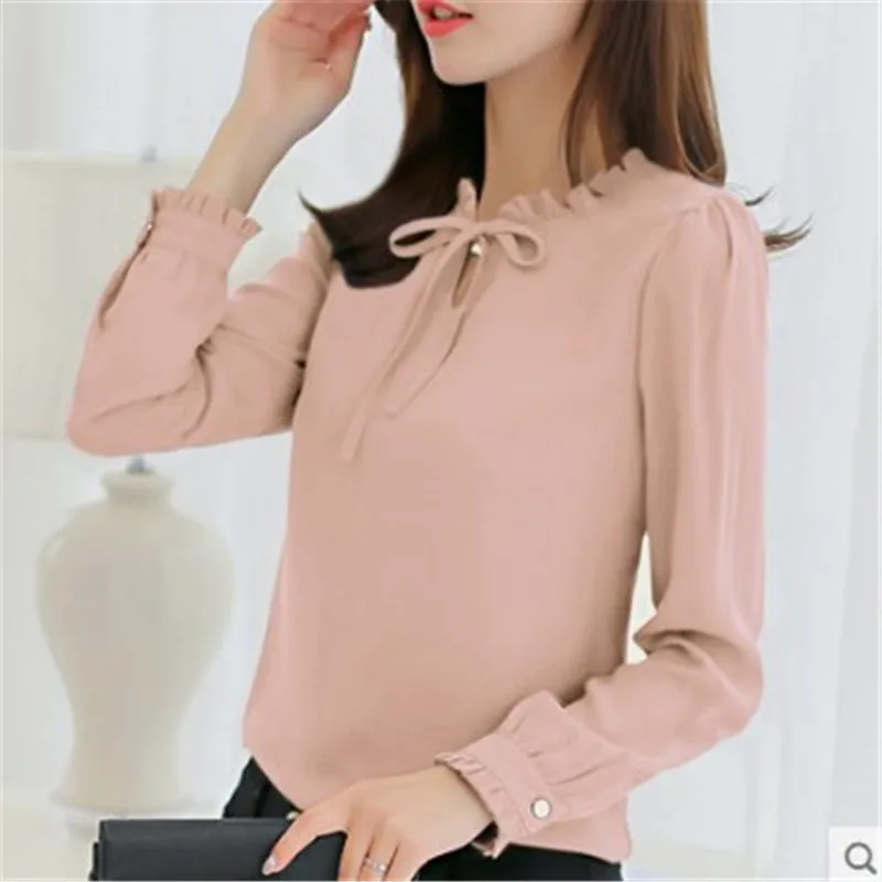 

2019 spring summer new chiffon shirt women's clothes long sleeved white fashion bow tie shirt female loose office top blouse XXL