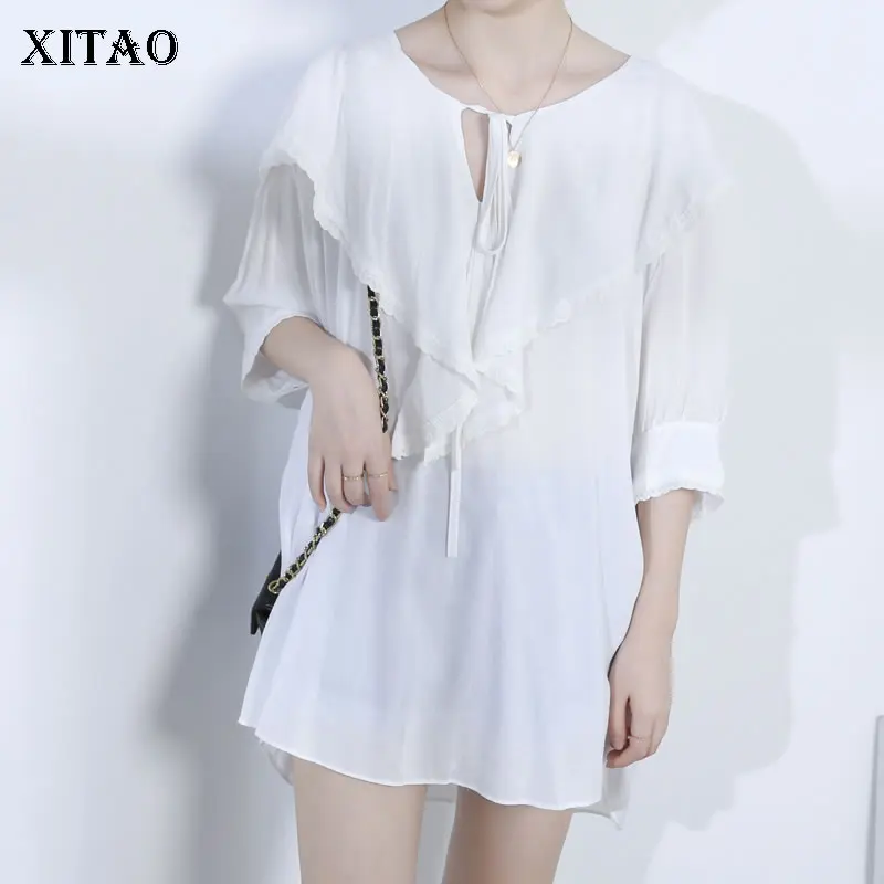 

[XITAO] 2019 New Europe Casual Loose Half Sleeve Solid Color Peter Pan Collar Fashion Pullover Women Summer Blouse ZQ1670