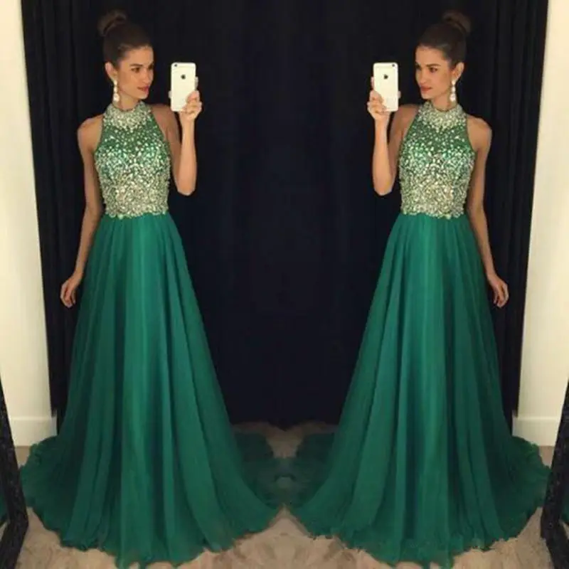 

Sexy Dark Green Beaded Crystal Prom Dresses Halter Neck A Line Chiffon Floor Length Formal Occasion Evening Party Dresses