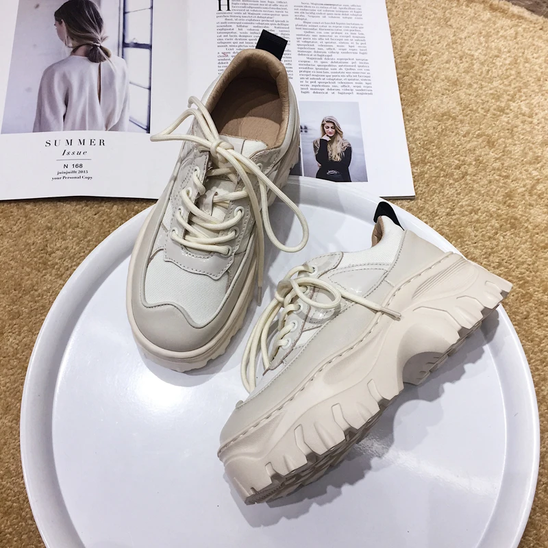 Cuir Blanc Mujer 2018 Casual Fond Zapatillas Femme Lacent Femmes En Chaussures Dirigeants Rond Riz Bout Piste Vache White Silla Épais TxvXEv