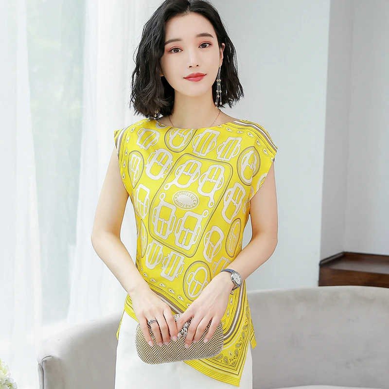 

Korean Fashion Silk Women Blouses Satin Print Sleeveless Women Shirts Plus Size XXXL