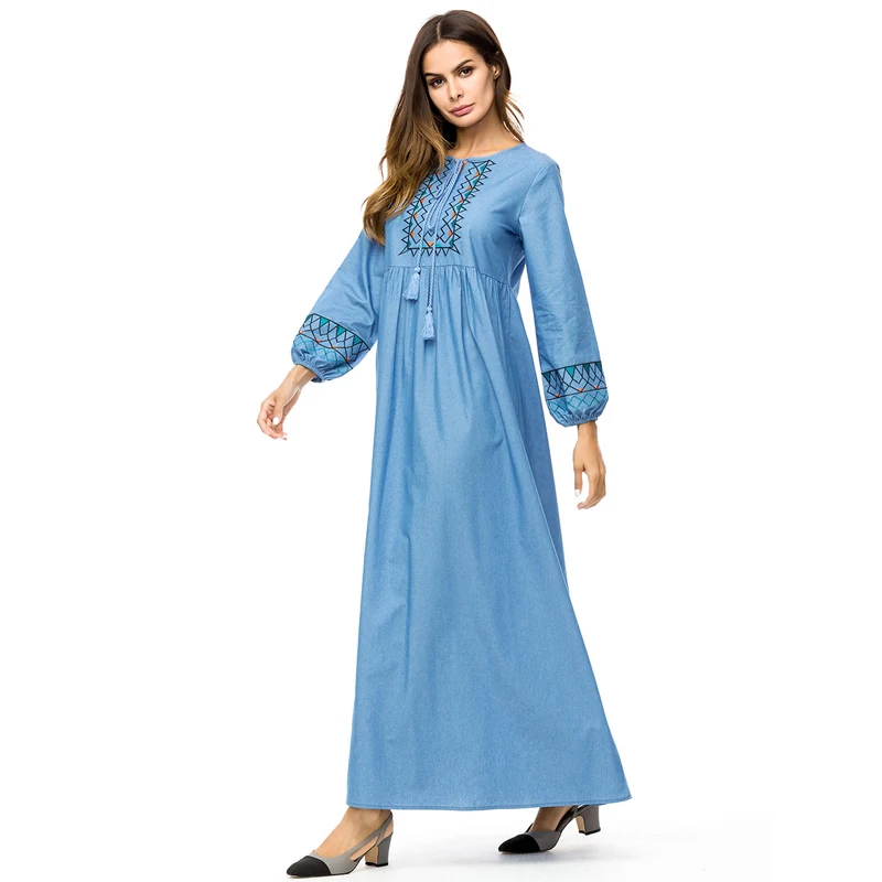 MISSJOY/джинсовое платье abaya с вышивкой в Дубае женское длинными рукавами