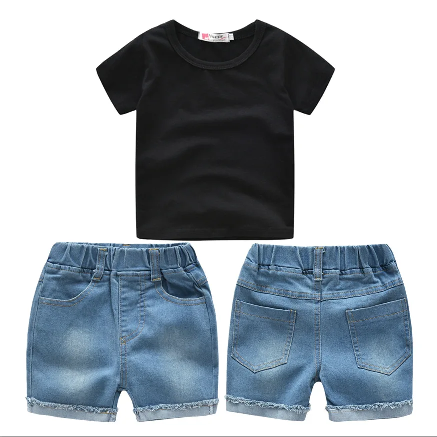 Short Sleeve Baby Boy Clothes Solid Black T shirt Shorts Denim Kids