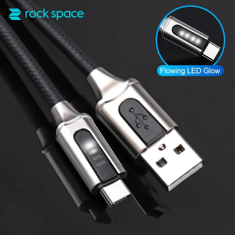 

Rock Space 3A USB Type C Cable LED Flash 1M Quick For Xiaomi Huawei Samsung Auto Disconnect Fast Charging Data Sync Charger