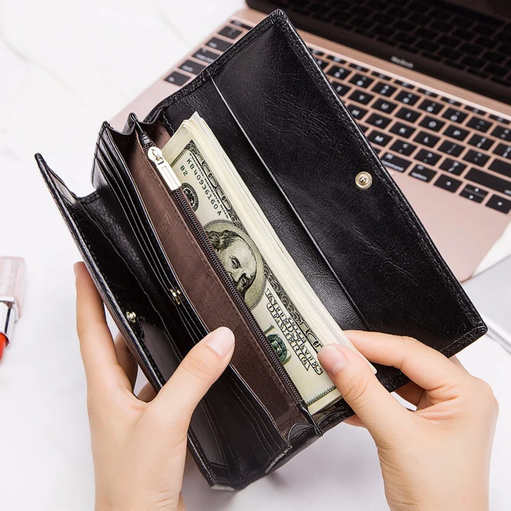 

GZCZ Women Wallets Genuine Leather Cell Phone Bags Card Holder Long Black Wallet Female Trifold High Quality Purse Coin Pocket