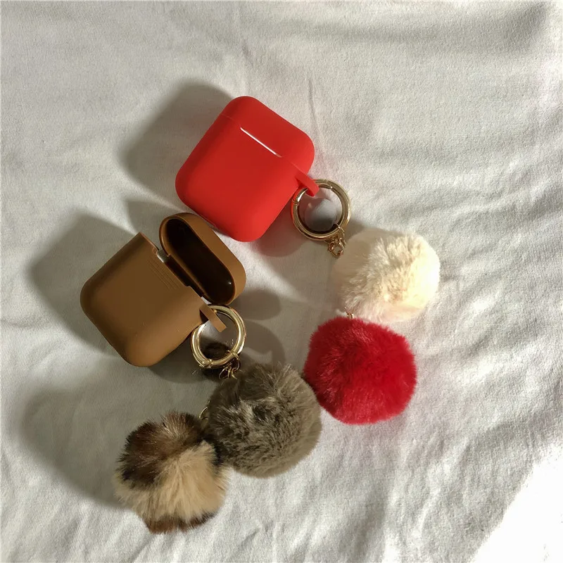 

Pompom Artificial Rabbit Fur Ball Keychain Silicone Case for Apple Airpods Cover Bluetooth Headset