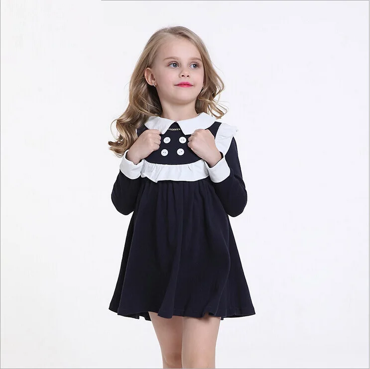 ACEBAY girls dresses 2015 New high quality Knee-length Button A-line Full Solid Dresses cotton made aged 4-8 kids clothing | Детская