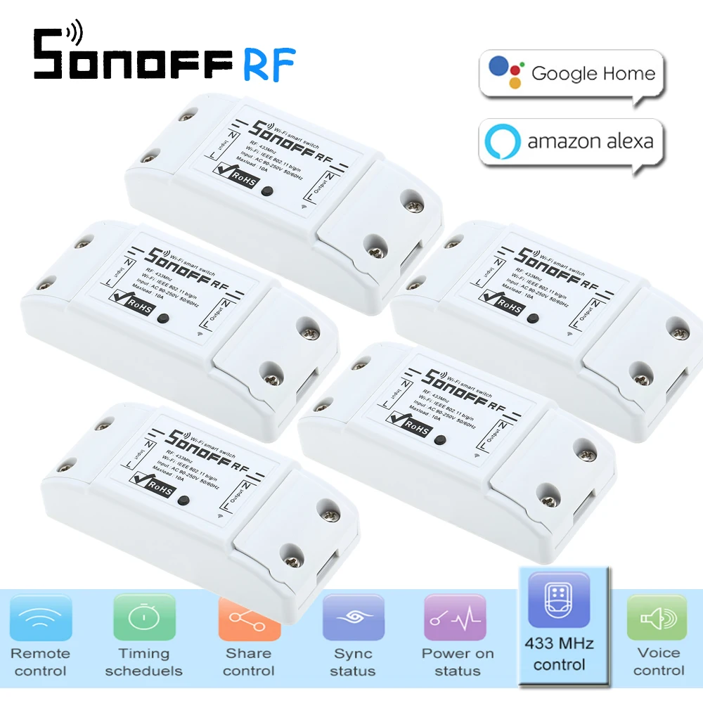 

5 Pcs Itead Sonoff RF 433MHZ Smart Wifi Remote Switch Domotica Wifi Delay Switch Smart Home Light Controller Via APP for Alexa