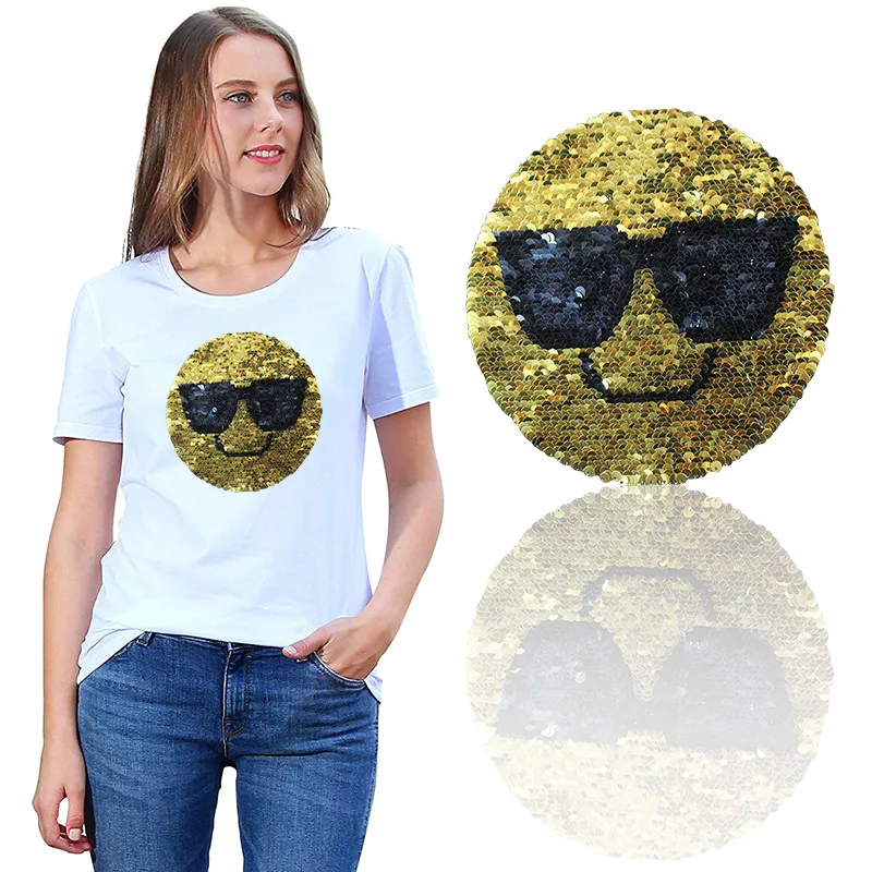

5Pcs/lot Round Emoji Reversible Patch Sequins Sew On Patch for Clothes DIY Crafts Coat Sweater Embroidered Paillettes