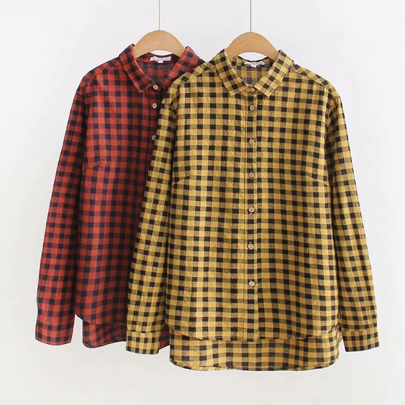 GOPLUS Autumn Winter Cotton Yellow Red Plaid Women Blouses Shirt 2019 High Quality Plus Size Blusas Fashion Womens Shirts Tops 