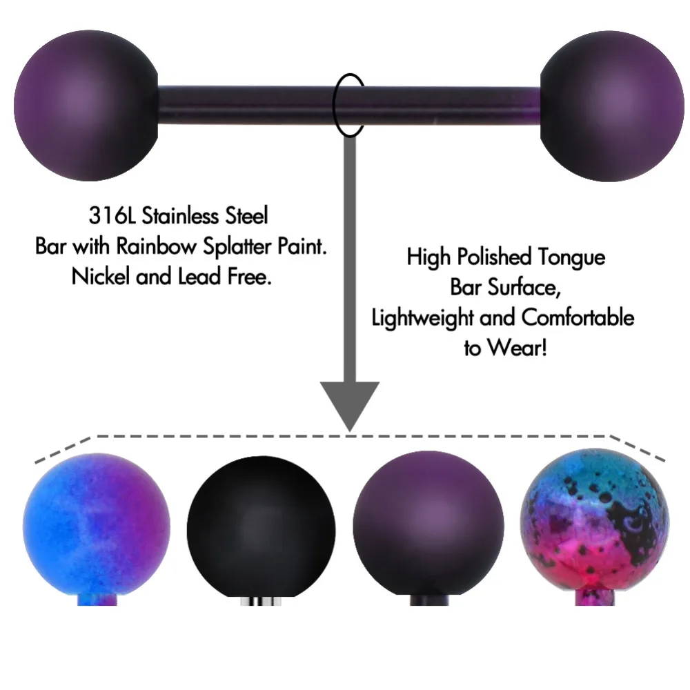 Тело панк 4 шт. пирсинг языка из нержавеющей стали 14 г кольца штанги для языка фиолетовый черный брызги штанга для языка ювелирные изделия для женщин