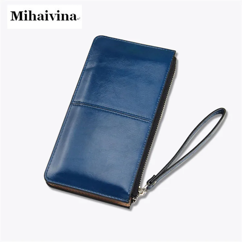 

Mihaivina Women Fashion Oil Wax Leather Wallet Zipper Clutch Female Long Coin Purse Lady Multi-Function Phone Bag Wristlet.