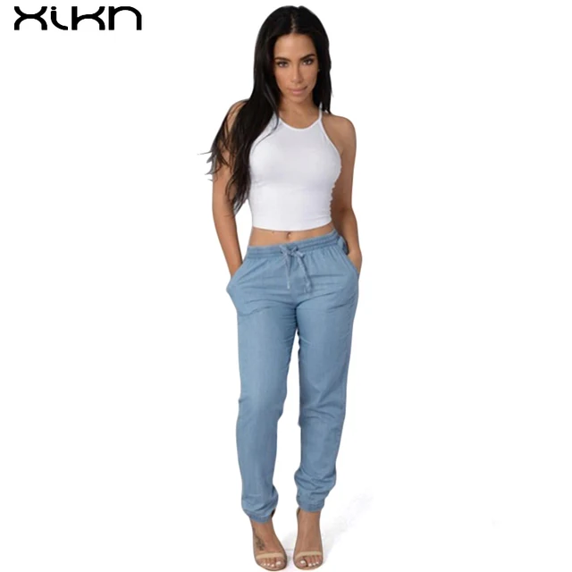 XIKN Jeans Women Denim Pants Elastic Waist Drawstring Skinny Denim