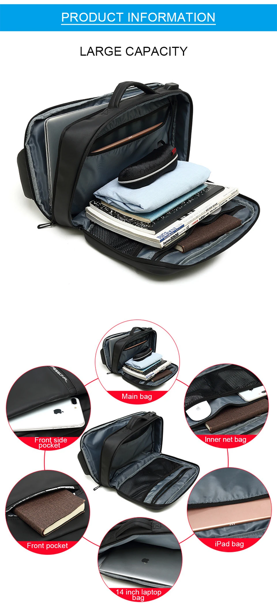 Men Chest Bags Anti Theft Travel 14'' Laptop Bag Waterproof USB Charging Bolso Business Male Bagpack Crossbody Shoulder Handbag (3)