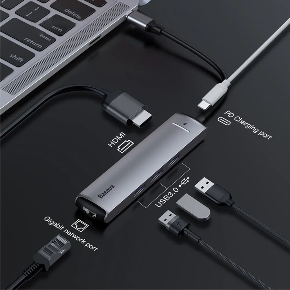 FDBRO Baseus 6in1 концентратор адаптер Тип usb C USB 3,0 HDMI RJ45 для MacBook Pro сплиттер для huawei Matebook компьютерные аксессуары