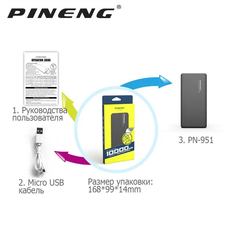 Внешний аккумулятор PINENG на 10000 мАч двойной USB со встроенным кабелем внешний