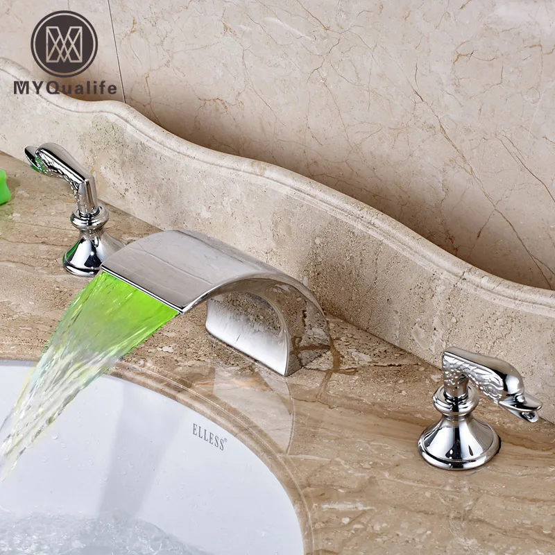 

Brand new Bathroom Dual Handle Basin Faucet Widespread Deck Mounted LED Light Bathroom Waterfall Mixer Taps