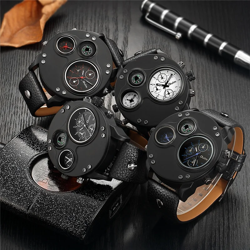 Luxury Brand Men Watches Oulm Men Sport Watches Two Time Zone Wristwatch Decorative Compass Male Quartz Watch relogio masculino