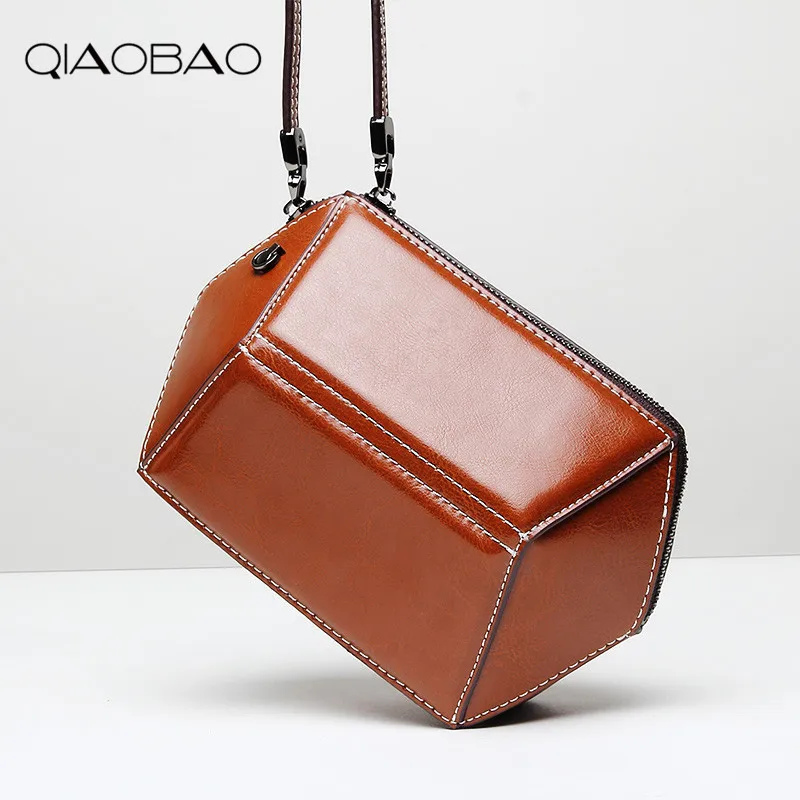 

QIAOBAO 100% cowhide Leather handbags small package diamond-shaped shell package 2019 new leather wrist shoulder Messenger bag