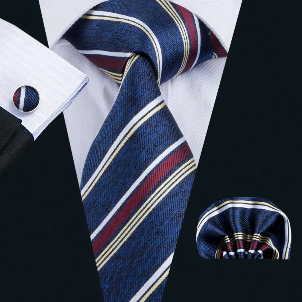 

LS-1736 Barry.Wang 2017 Mens Tie Set Silk Gravata Navy Striped Necktie Hanky Cufflink For Wedding Business Party Free Shipping
