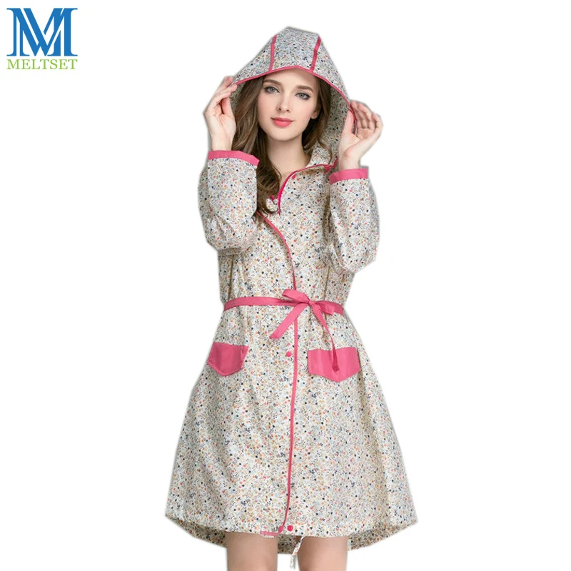 Buy Floral Breathable Women Hooded Raincoat With Belt