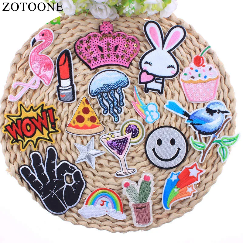 

ZOTOONE Lips Bird Emoji Flamingo Crown Patch Cactus Cheap Embroidery Cartoon Iron On Patches For Clothes Badges Rainbow Stickers