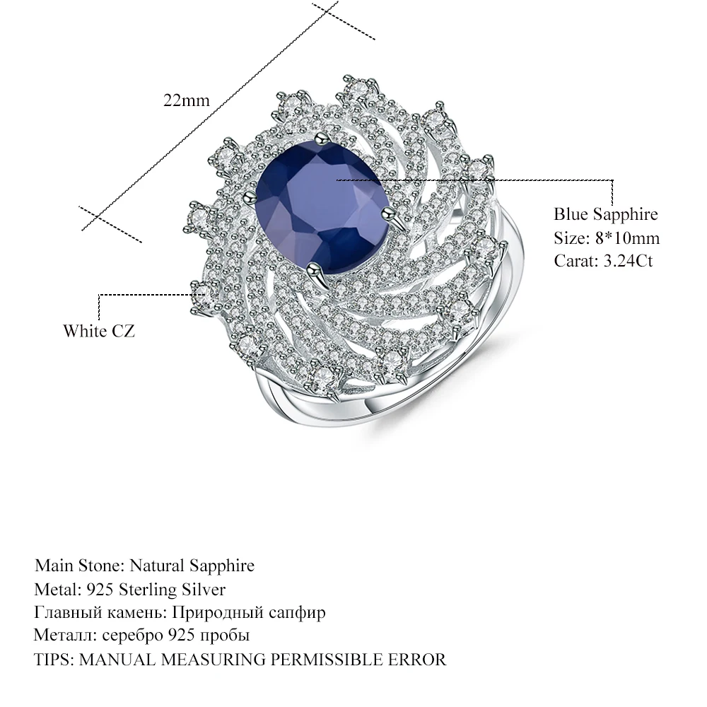 Gem's Ballet 3.24Ct Натуральный Синий сапфир коктейльное кольцо из натуральной 925 пробы серебряные классические обручальные кольца для женщин хорошее ювелирное изделие