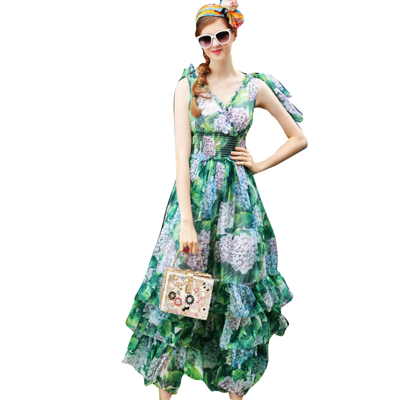 Женское платье с V образным вырезом без рукавов|dress vestidos|runway dressfloral print dress |
