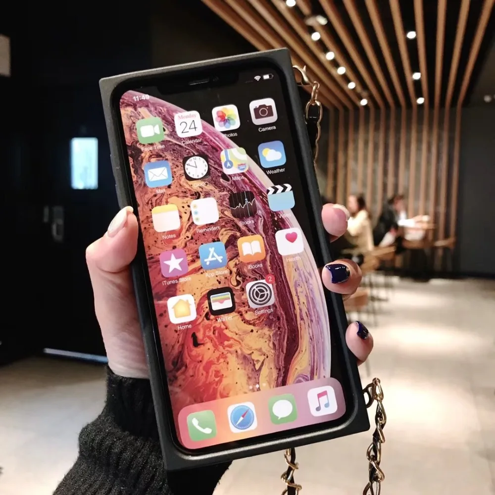 Кроссбоди квадратный чехол для телефона iphone XS MAX XR X 7 8 plus роскошный Радужный карандаш с ремешком на цепочке силиконовый чехол с подставкой