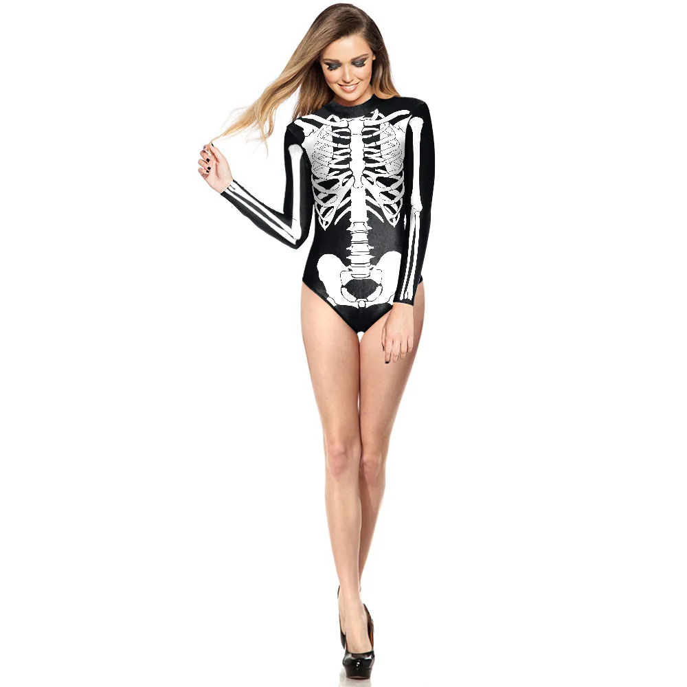 Cosplay White Skull Bone Swimwear One Piece Bathing Suit Long Sleeve Punk Monokinis Zombie