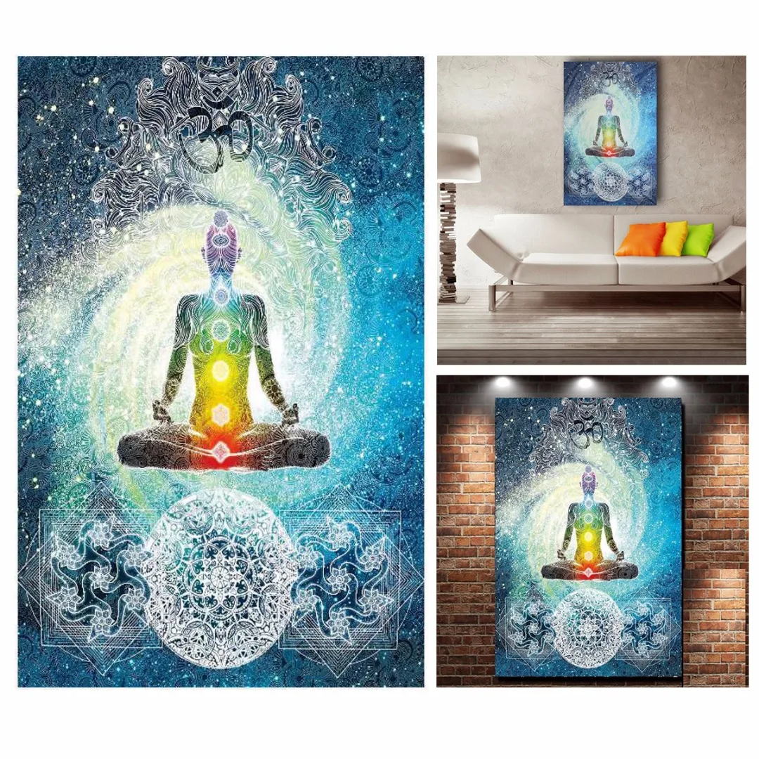 7 Chakra Buddha Ethnic Wall Hanging Tapestry Indian Blue Tone Bedspread Bedding