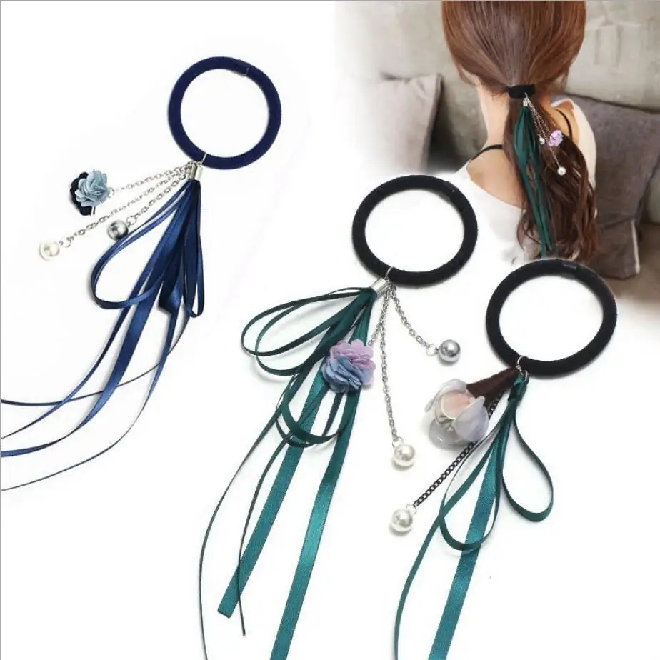 

Women Hair Accessories Elastic Hair Bands Elegant Girl Ribbon Flower Rubber Bands Ponytail Holder Scrunchy Korean Cute Romantic