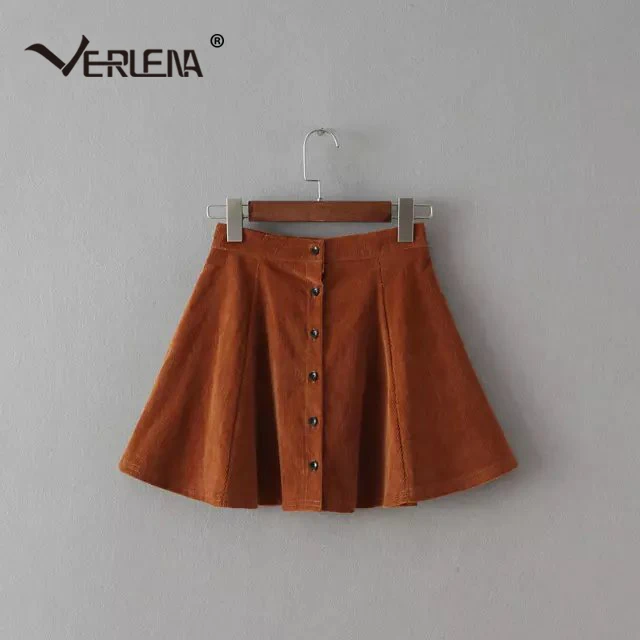 Brown Verlena/повседневная юбка для фигурного катания в стиле Лолиты для девочек, однотонная, винно-красная, трапециевидная, с высокой талией, на пуговицах, для школы, Осень-зима, мини вельветовые юбки для женщин - Цвет: Brown