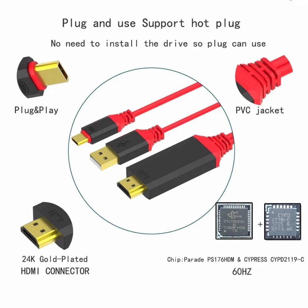 SOONHUA رقيقة جدا USB 3.1 نوع C HDMI كابل 5 V 2.4A 3 M شحن خط HDMI العامة رئيس ل مراقب العارض تلفاز LCD محول HDMI
