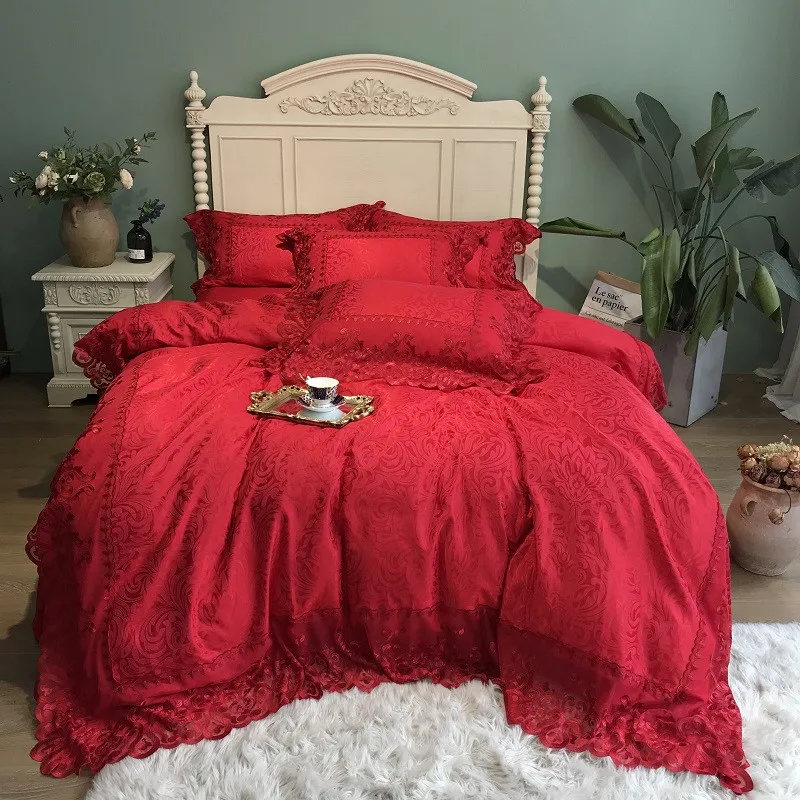

Red Lace Wedding Luxury Royal Bedding set Queen King size Bed set Cotton bed sheet Duvet cover set parure de lit ropa de cama