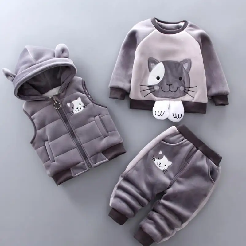 Baby Boys Girls Warm Set Winter Cartoon cat Kids Thickening Hooded Vest+Sweater+Pant Three-piece Sport Suits Children Clothing