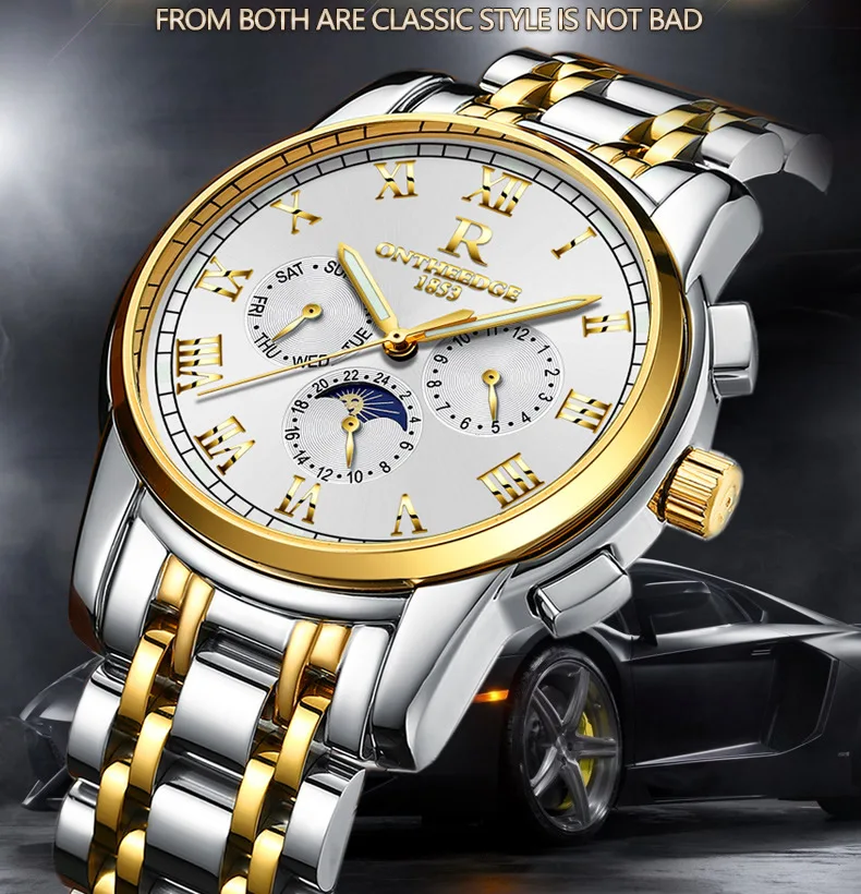 Мужские часы золотые деловые автоматические механические наручные часы 316L из нержавеющей стали водонепроницаемые часы с календарем фаз Луны ontheedge